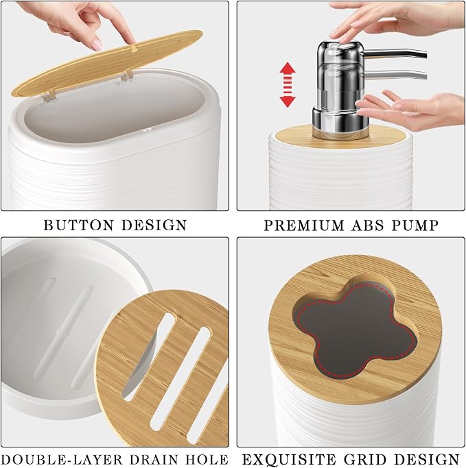 XLHOMO White Bathroom Set - 10PC Bathroom Accessories Set, Luxury Bathroom Accessory Set with Trash Can,Toilet Brush & 2 PC Soap Dispensers for Apartment Decor and Housewarming - Image 7