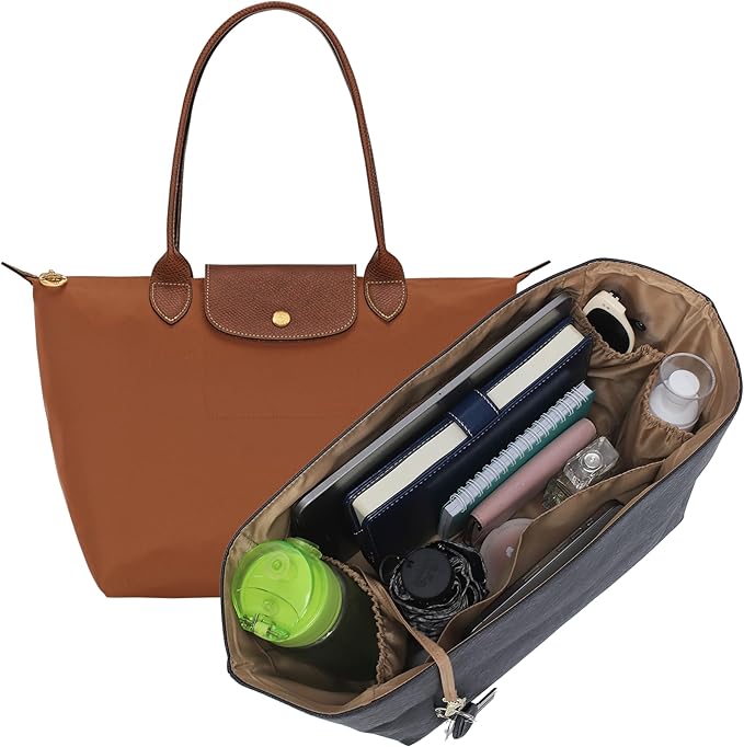 DOXO Purse Organizer Insert for Longchamp Le Pliage Medium, 6-Compartment Bag Organizer with YKK Zipper Pocket, Cup Holder, Key Chain, Waterproof DupontPaper Lightweight Handbag Shaper (Black Brown,M) by Doxo