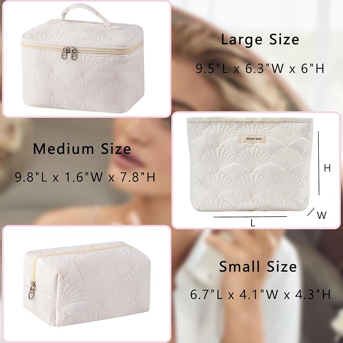 RSRSLEII 3Pcs Quilted Cotton Coquette Makeup bag, Coastal Granddaughter Aesthetic Cosmetic Bag, Cute Seashell Portable Travel Toiletry Pouch (08 3Pcs White) - Image 2