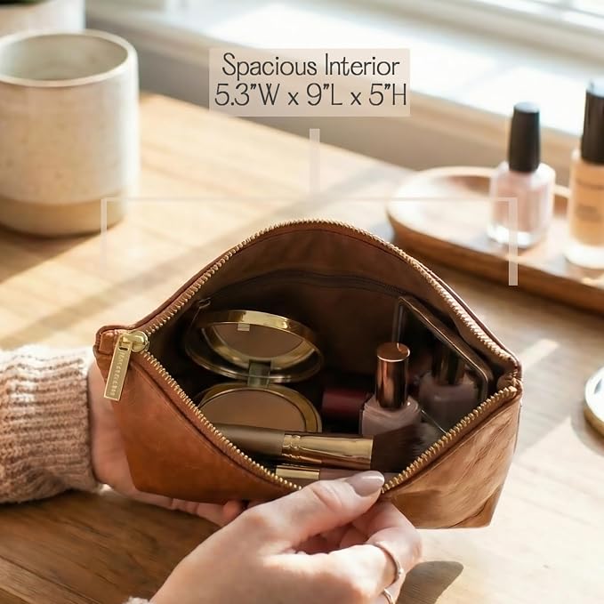 Personalized Makeup Bag • Genuine Leather Custom Cosmetic Bag • Mini Bag for Purse • Leather Make Up Pouch • Custom Toiletry Bag • Customized Bag with Name or Initials • Makeup Accessories for Women - Image 6