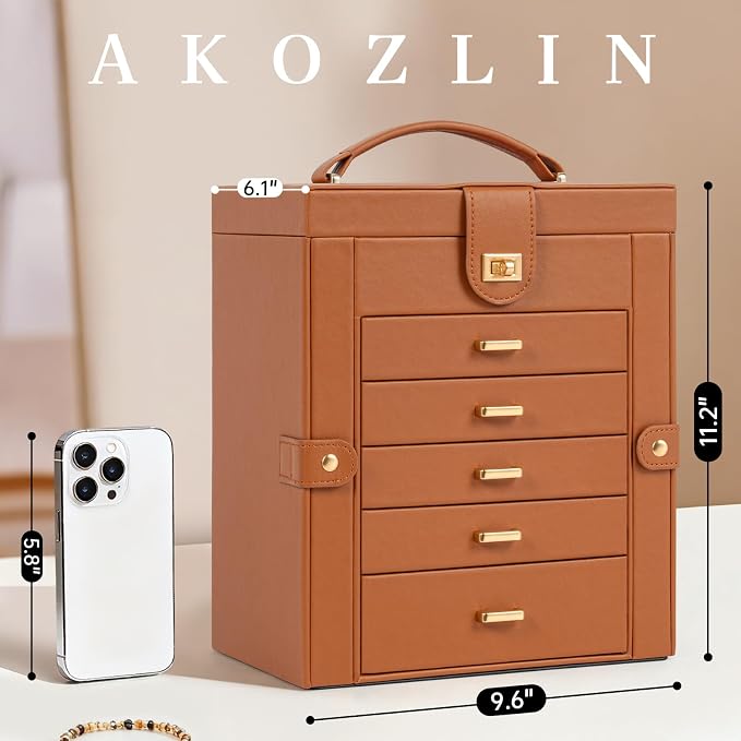 AKOZLIN 6-Tier Jewelry Box Organizer Functional 5 Drawers Leather Jewelry Storage Case for Women Girls Ring Necklace Earring Bracelet Holder Organizer with Mirror Medium Dark Orange - Image 2