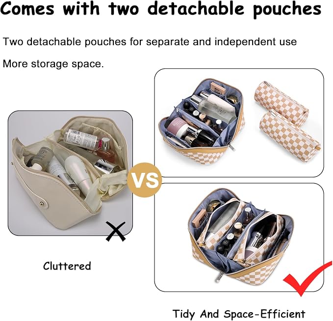BOYATU Travel Makeup Bag Organizer Cosmetic Bag: 3 Pcs Set Make up Bags for Women with Handle - Waterproof Vegan Leather Toiletry Bag (01-G-Apricot) - Image 3