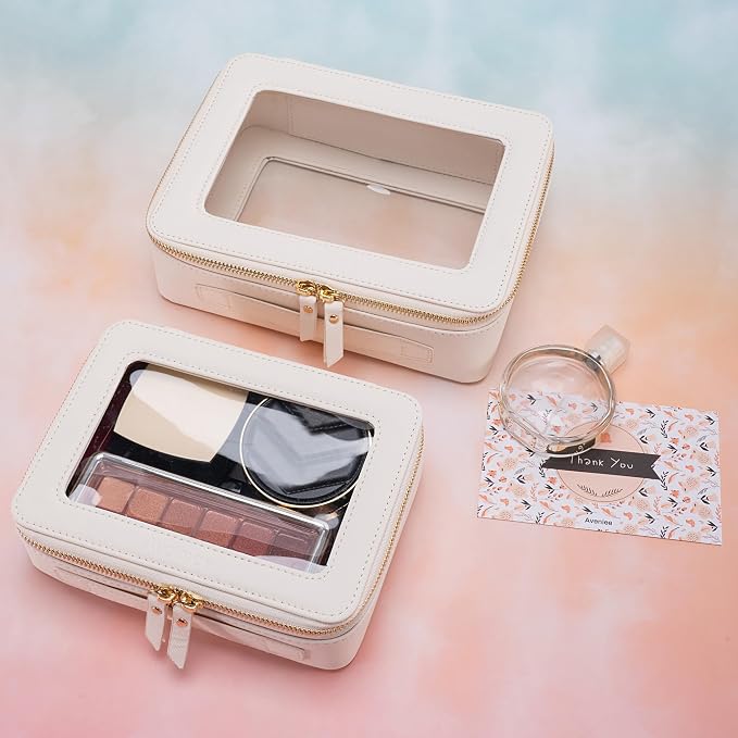 Aveniee Clear Makeup Bag Organizer Set,Portable Travel Toiletry Case for Women, Vegan Leather Cosmetic Pouch Car Bag for Essentials 2pcs,Middle & Large,Beige - Image 5