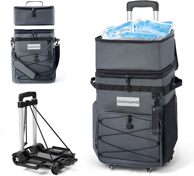 Odoland 72 Can Rolling Cooler Bag with Wheels & Handle, Collapsible Insulated Ice Chest for Beach, Camping & Tailgating - Portable Travel Soft Cooler on Wheels, Collapses for Easy Storage by Odoland