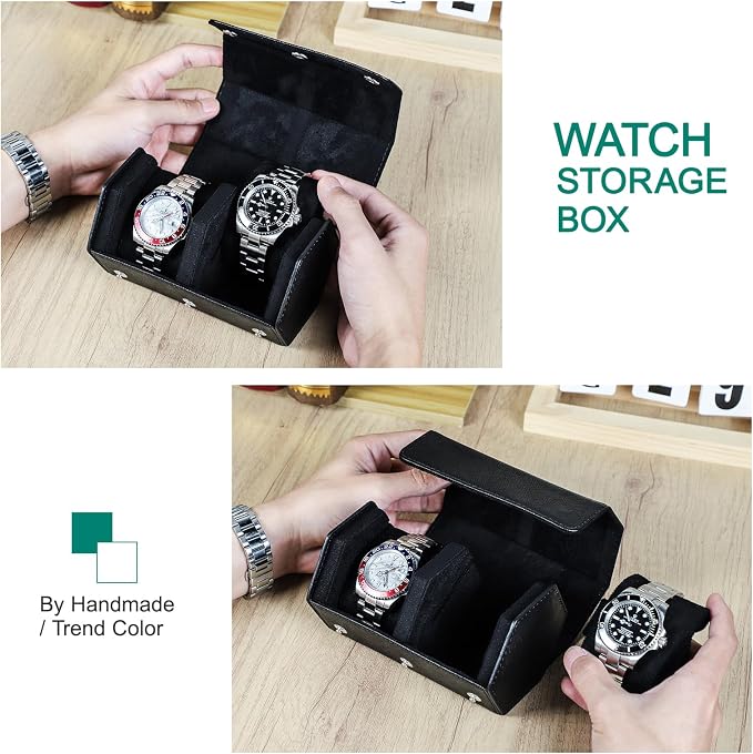 Hiram Genuine Leather Saffiano Watch Roll Travel Case, Leather 2-Watches Roll Case for Treasured Watches and Bracelets(Black) - Image 6
