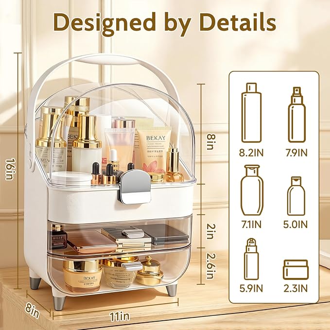 Makeup Organizer with Drawers-Cosmetic Display Case for Vanity|Skincare Organizer with 360 Rotating Brush Holder,Large Storage Box Dresser,Women Gifts Display Cases for Bathroom Countertop, Sliver - Image 2
