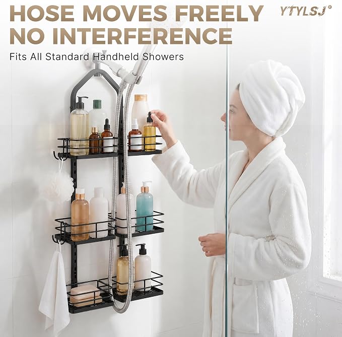 3-Tier Hanging Shower Caddy for Handheld Showerhead, Heavy-Duty Stainless Steel with Dual-Rotating Clamp, Matte Black - Image 7