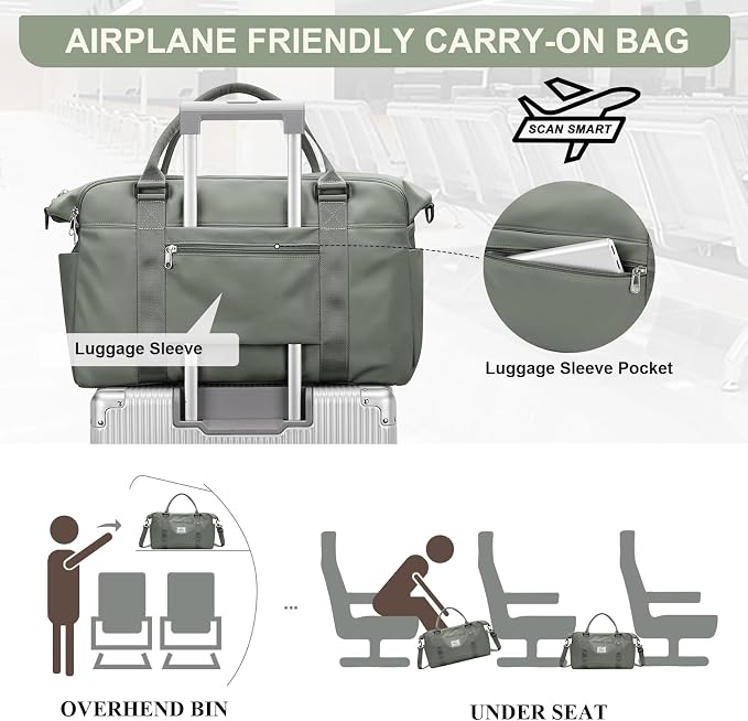 Travel Duffel Bag, Carry On Overnight Weekender Bags for Women | Travel Bag with Wet Pocket & Trolley Sleeve, For Spirit Airlines 18x14x8 Personal Item Bag - Image 6