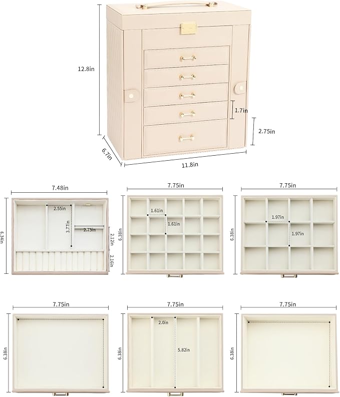 Large Jewelry Holder Organizer, 6 Layer Jewelry Box for Women Jewelry Storage Case With Handle, Gift for Christmas New Year, Apricot - Image 3