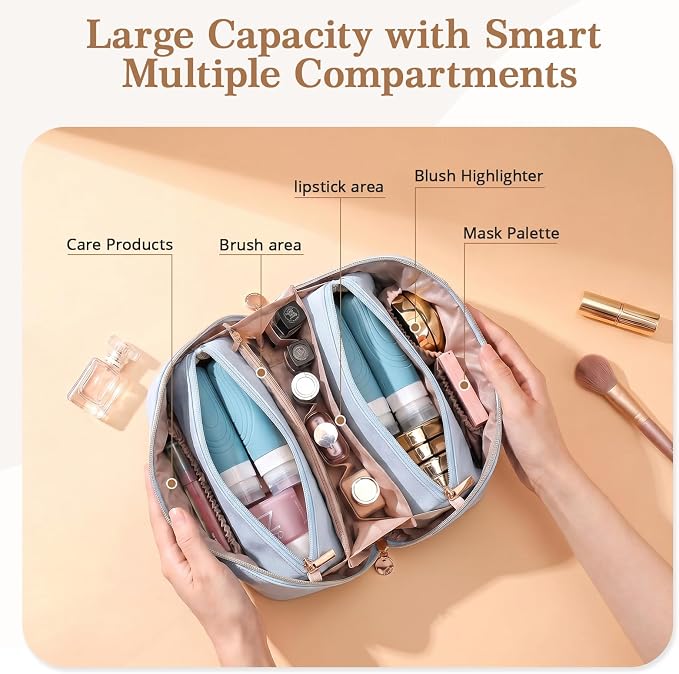 Travel Makeup Bag for Women: 3-in-1 Large Capacity Cosmetics Organizer with 2 Detachable Pouch - Vegan Leather Flat Open Toiletry Bag - Travel Essentials for Full-Sized Bottles(Light Blue) - Image 3