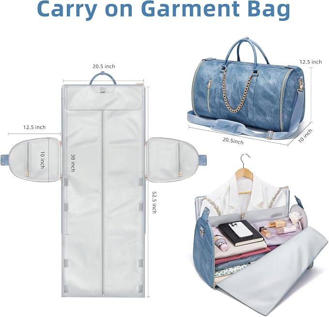 Garment Duffle Bag for Travel, Convertible 20.5×10×12.5 Inch Carry On Garment Bag for Women, Foldable Travel Bags with Shoe Compartment & Toiletry Pocket for Business Trip, Vacation, Blue - Image 3
