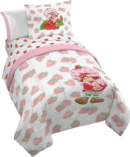 Strawberry Shortcake Twin Comforter Set 5 Piece Kids Bedding, Pink | Bed in a Bag, Comforter Sheets Sham Pillowcase, Official Brand, Soft Microfiber, Machine Washable, Easy Care, Girls Gift by JayFranco