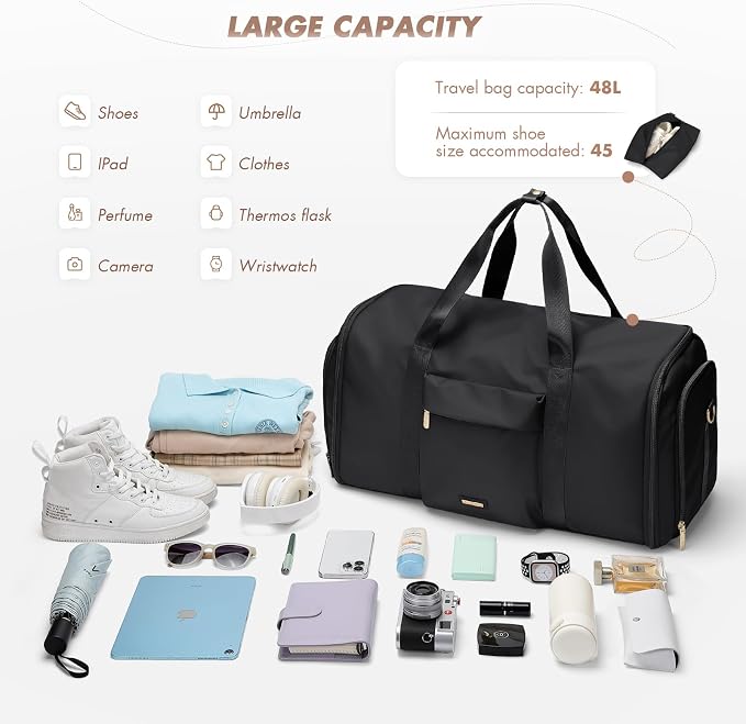 Convertible 2-in-1 Garment Bags for Travel,Women Men Carry On Garment Duffle Bag With Shoe Compartment,Hanging Suit bag,48L,Black - Image 4