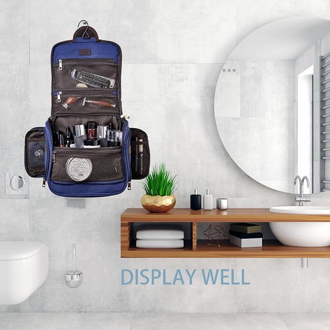 Canvas Toiletry Bag for Men Shaving Dopp Kit Bulk Travel Hanging Makeup Organizer with Sturdy Metal Hook Portable Cosmetic Bag for Women with Large Capacity Blue - Image 2