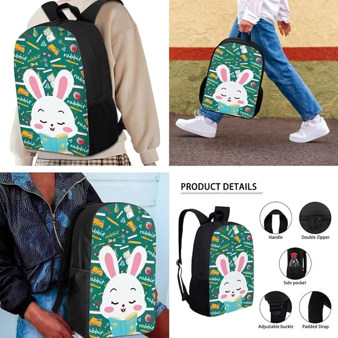 Mumeson Cartoon Rabbit Backpack School Bags Set for Kids Teen Casual Organizer Shoulder Bags School Supplies Satchel Schoolbag with Lunch Tote Bags Zipper Closure Pencil Case - Image 4