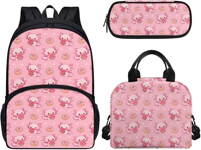 Axolotl Donuts Backpacks for Kids, Girls Backpack School Bookbags with Insulated Lunch Box Pencil Case 3 in 1, Lightweight Sports Backpack by CndexdWearfunPrintjoy