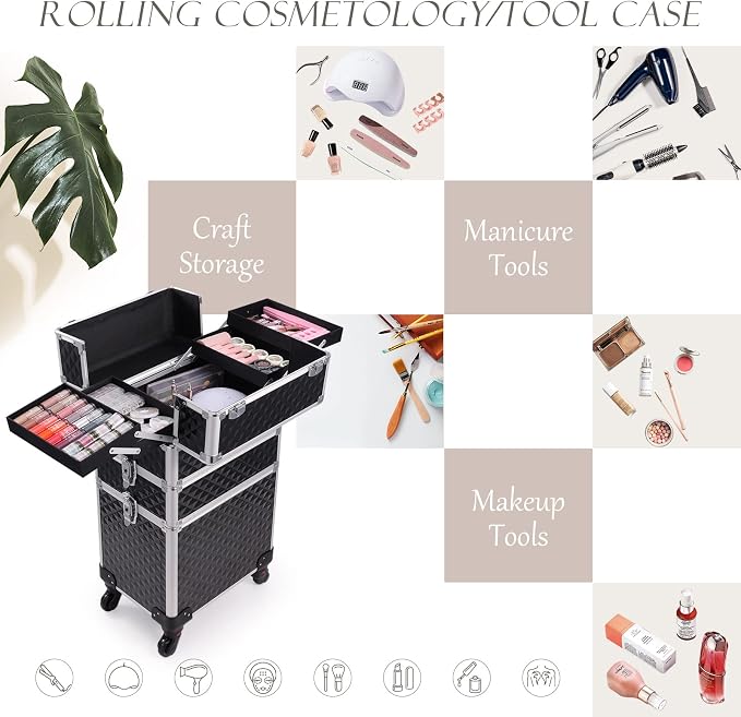 3 in 1 Professional Rolling Makeup Train Case Aluminum Trolley Case with 360° Rotation Wheels for Makuep Artist Cosmetic Suitcase Organizer with Lock and Key Diamond Pattern - Black - Image 4