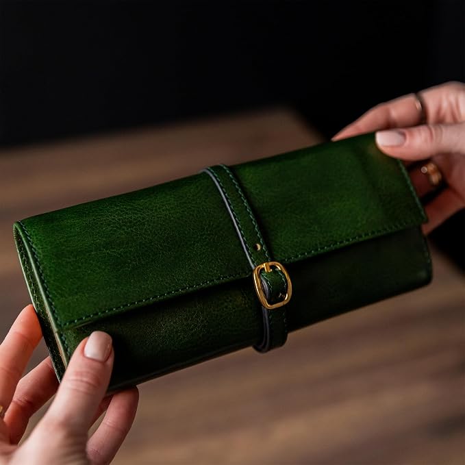Time Resistance Leather Jewelry Roll - Full Grain Leather Travel Jewelry Case - Jewellery Organizer Made in Italy (Green) - Image 2