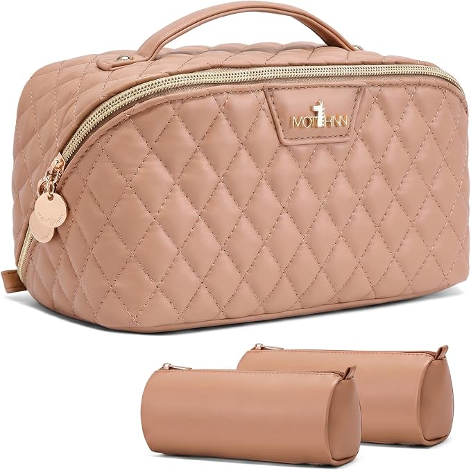 Travel Makeup Bags Cosmetic Organizer: 3Pcs Set Puffy Make up Bag for Women | Apricot Premium Quilted ELEGANCE Design | Large Capacity Leather Toiletry Bags | Wide Open Compact Case for Travel Essentials by Unknown