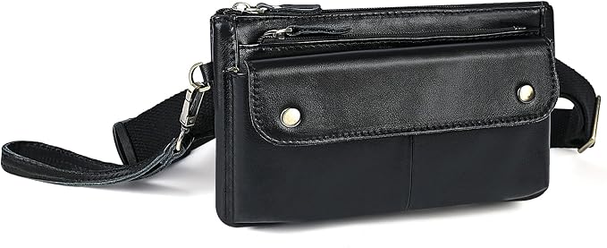 Water Resistant Canvas + Leather Hiking Riding Travel Fanny Waist Pack Small Phone Pouch For Men Women FB811-29 (100% Leather-The 8136 Black) by Handadsume