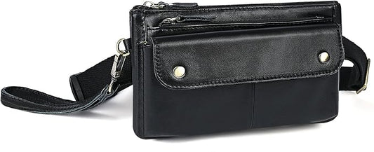 Water Resistant Canvas + Leather Hiking Riding Travel Fanny Waist Pack Small Phone Pouch For Men Women FB811-29 (100% Leather-The 8136 Black) by Handadsume