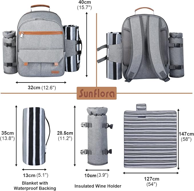 Sunflora Insulated Picnic Backpack for 2 Person Bag with Cooler Compartment, Wine Pouch, Blanket and Stainless Steel Cutlery Set for Couple, Lovers and Friends (Grey) - Image 4