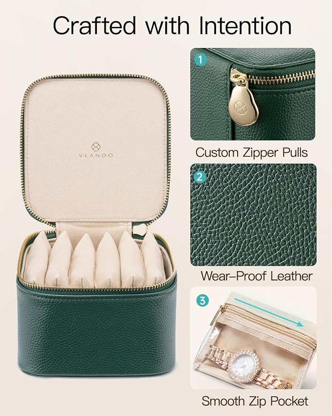 VLANDO Gifts for Teachers,Travel Jewelry Box with 6 Velvet Jewelry Zipper Pockets Jewelry Case Premium Petal Hardware Travel Jewelry Organizer Graduation Gifts (Green) - Image 4