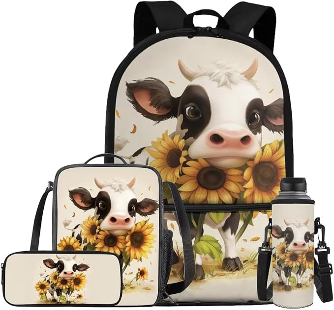 Kawaii Cow Backpack with Lunch Bag for Girls Teens Sunflowers Print Backpack for School with Lunchbox Cute Pencil Case and Water Bottle Cover for Students by Bivxisrvo