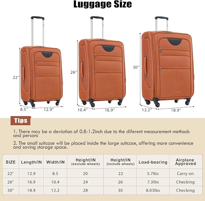 Merax Softside Luggage Set, Travel Suitcase Expandable Lightweight 3 Piece | Luggage Sets with Spinner Wheels 22" 26" 30" Suitcase with TSA Lock (Orange) - Image 2