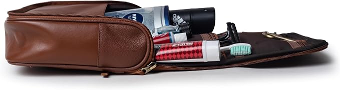 Sutton Handmade Genuine Cowhide Leather Hanging Toiletry Bag Travel Dopp Kit for Men and Women Caramel Brown - Image 4