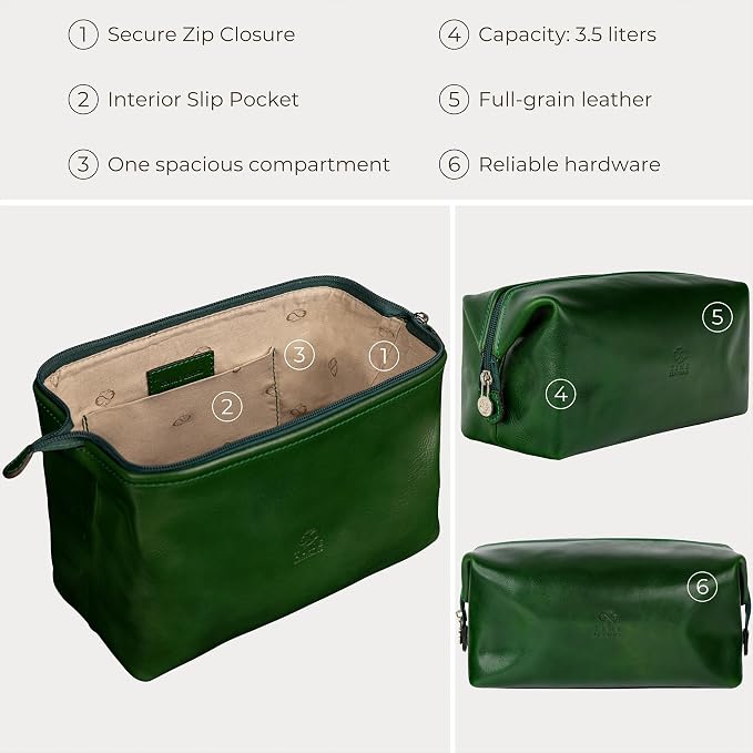 Time Resistance Leather Toiletry Bag - Italian Cosmetic Case Dopp Kit (Green) - Image 6