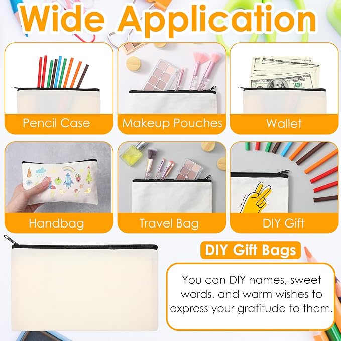 80Pcs Canvas Zipper Pencil Pouch Bulk, Blank DIY Craft Bag Canvas Pencil Case, Multipurpose Toiletry Tote Bag for Makeup Cosmetic, Invoice Bill, Travel Toiletry (Beige,80) - Image 3