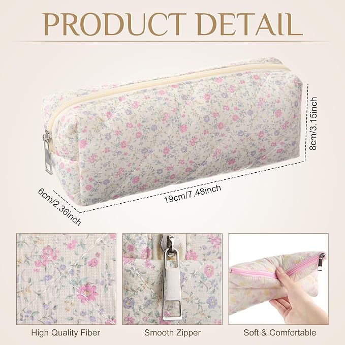 Paterr 10 Pcs Quilted Makeup Bag Bulk Cotton Floral Cosmetic Bag Women Girls Bridesmaid Gifts Cute Makeup Pouch Coquette Aesthetic Travel Toiletry Organizer(Rustic Floral,7.48 x 2.36 x 3.15 Inches) - Image 2