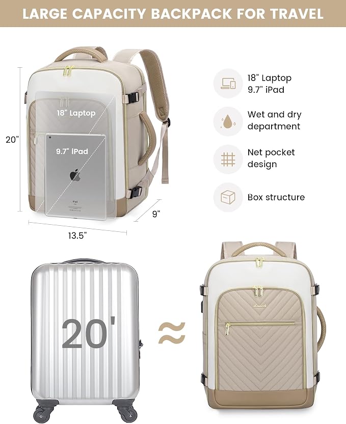 LOVEVOOK Large Travel Backpack for Women, 50L Carry on Backpack Airplane Approved, TSA Personal Item Travel Bag for Women fits 18" Laptop, Waterproof Carry on Bags for airplanes with 3 Packing Cubes - Image 5