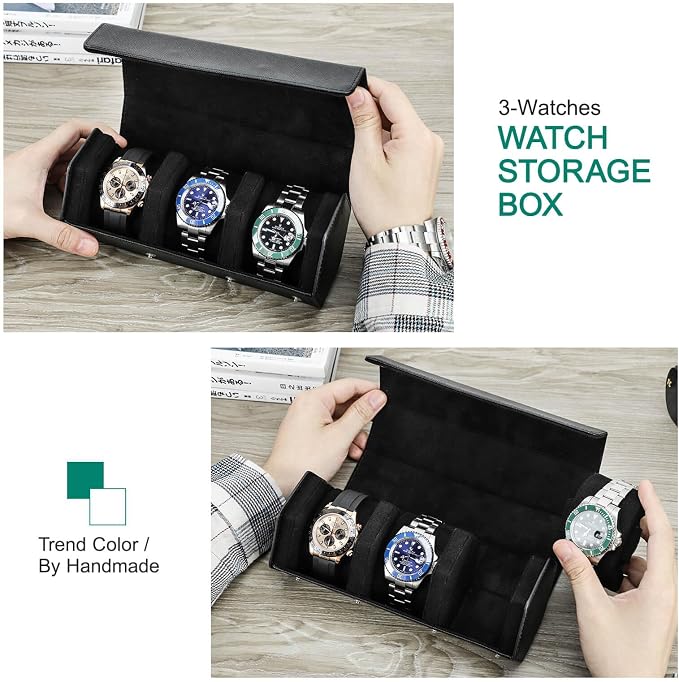 Hiram Genuine Leather Hexagon Watch Roll Travel Case, Leather 3-Watches Roll Case with Removable Pillow Cushion for Treasured Watches and Bracelets -Black - Image 5