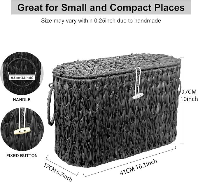 Coeusy Black Toilet Paper Basket with Lid,Wicker Toilet Paper Storage Stand,Large Narrow Bathroom Towel Basket Mega Roll Container Bin for Toilet Tank,Floor - Image 3