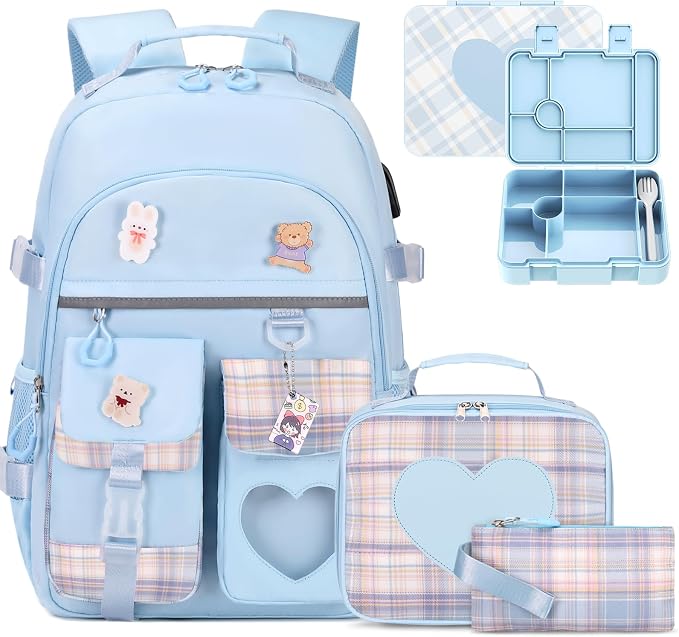 ACESAK Girls Backpack - Bento Box with Insulated Lunch Bag Pencil Case & Utensils Set for Kids, 6 Leakproof Compartments Removable Tray Lunches or Snack Container for School (Blue) by ACESAK