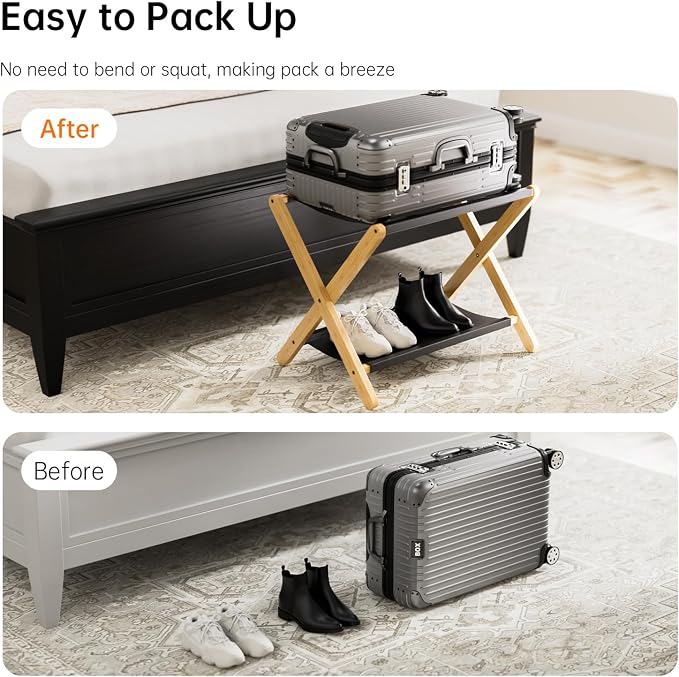 HITNET Luggage Rack 2 Pack, Folding Suitcase Stand for Guest Room, Bamboo Luggage Holder with Storage Shelf for Hotel Bedroom, Natural - Image 6