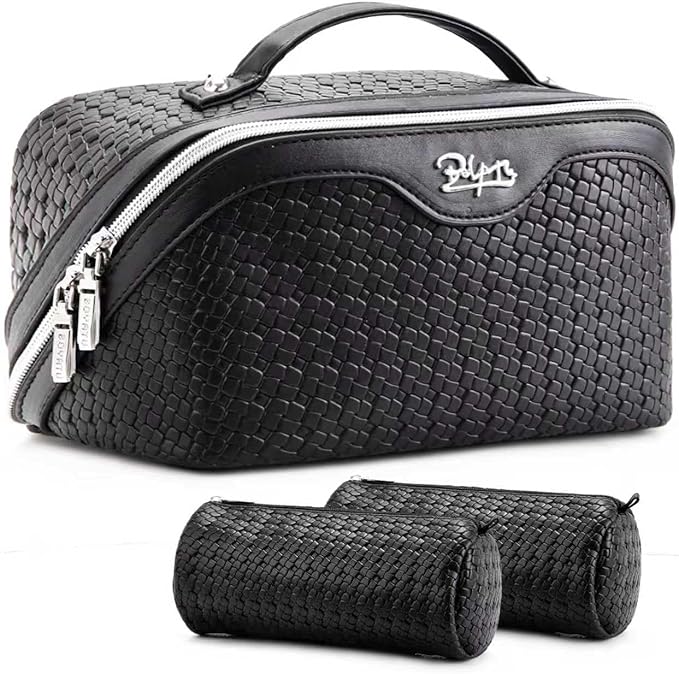 BOYATU Travel Makeup Bag Cosmetic Bags for Women: Large Capacity 3 Pcs Set Make up Bag with Compartments - Waterproof Vegan Leather Toiletry Organizer Bags with Handle (L15 Black) by BOYATU