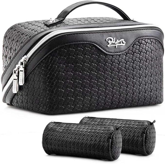 BOYATU Travel Makeup Bag Cosmetic Bags for Women: Large Capacity 3 Pcs Set Make up Bag with Compartments - Waterproof Vegan Leather Toiletry Organizer Bags with Handle (L15 Black) by BOYATU