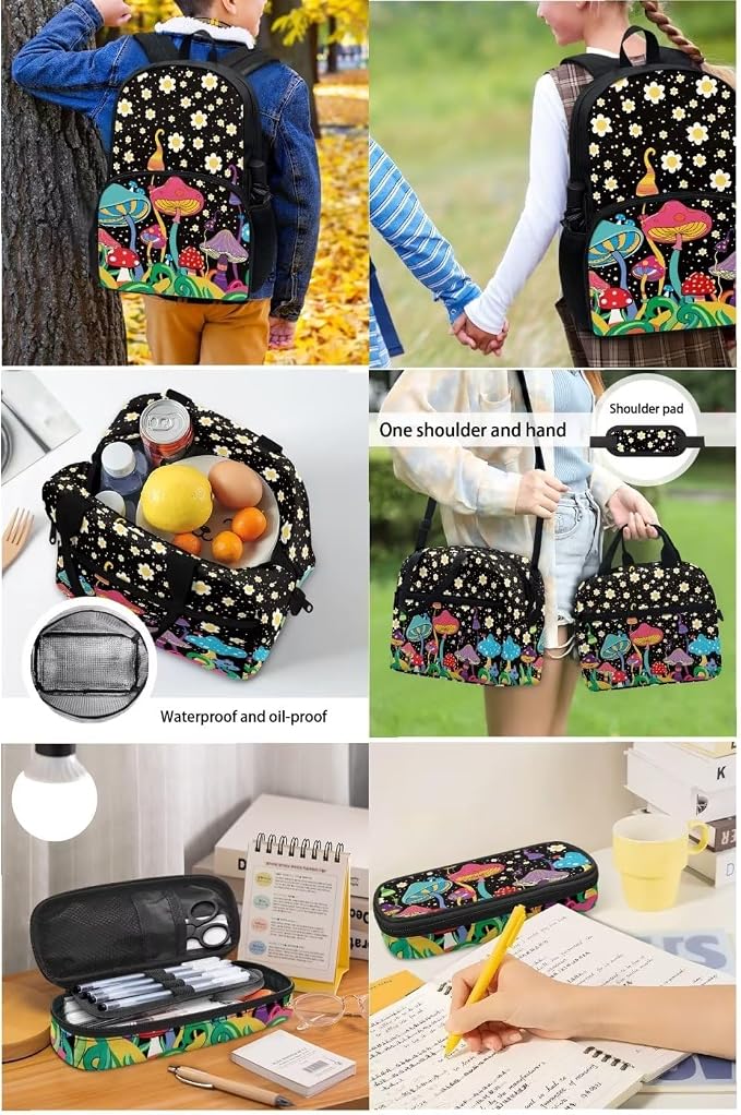 Black Fantastic Mushroom Backpack with Lunch Box and Pencil Case Girls Comfy Padded Cute School Backpack Set of 3 Bookbag for Student Lightweight Large Capacity Daypack - Image 5