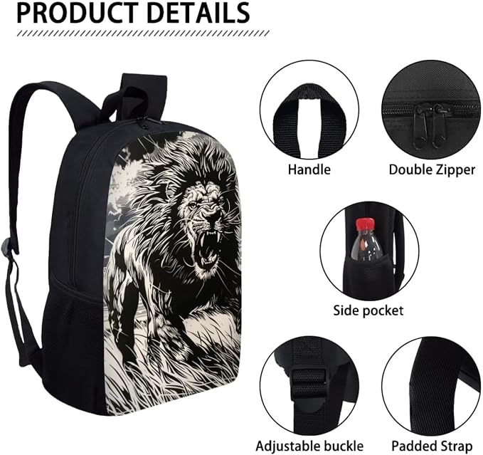 17 Inch Animal Print School Backpack And Lunch Box Set for Kids Lightweight Roaring Lion Backpack for Boys Girls Sturdy School Bag with Insulated Lunchbox Pencil Case Student Bookbag - Image 4