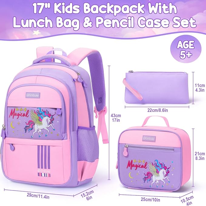 Fimibuke Kids Backpack for School Girls - 3 PCS Waterproof Teen Girl Backpack with Lunch Box & Pencil Pouch Set, School Bag Bookbag Daypack for Kindergarten Elementary Middle School, Age 5+(Unicorn) - Image 2