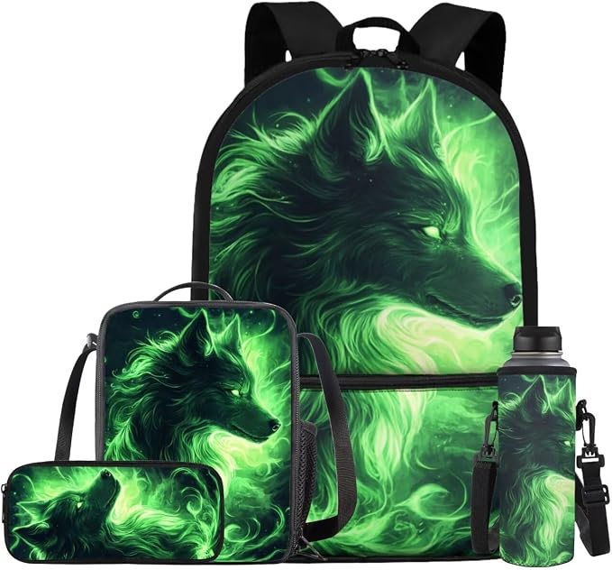 Galaxy Wolf Backpack for Boys Kids Backpack with Lunch Box Water Bottle Pouch and Big Pencil Pouch 4PCS Set Bookbag with Front Pocket 17" Lightweight School Bag for Kids Back to School Gifts by ELEDIZI
