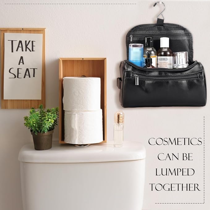 Aliceset 6 Pcs Groomsmen Gift Groomsmen Toiletry Bags Set of 6 Leather Toiletry Bag for Men with Hook Leather Wedding Proposal Bag with Side Handle Father Gift(Black) - Image 6