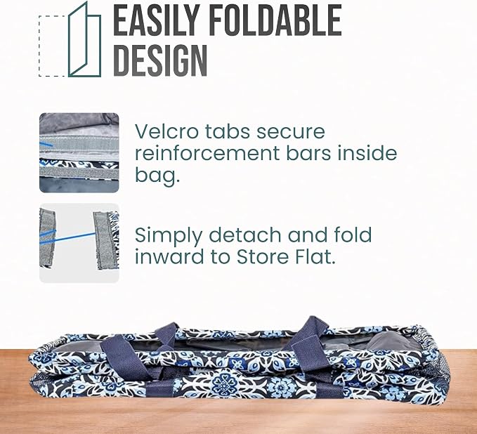 Extra Large Utility Tote Bag - Oversized Collapsible Reusable Wire Frame Rectangular Canvas Basket With Two Exterior Pockets For Beach, Pool, Laundry, Car Trunk, Storage - Blue Snowflake - Image 6