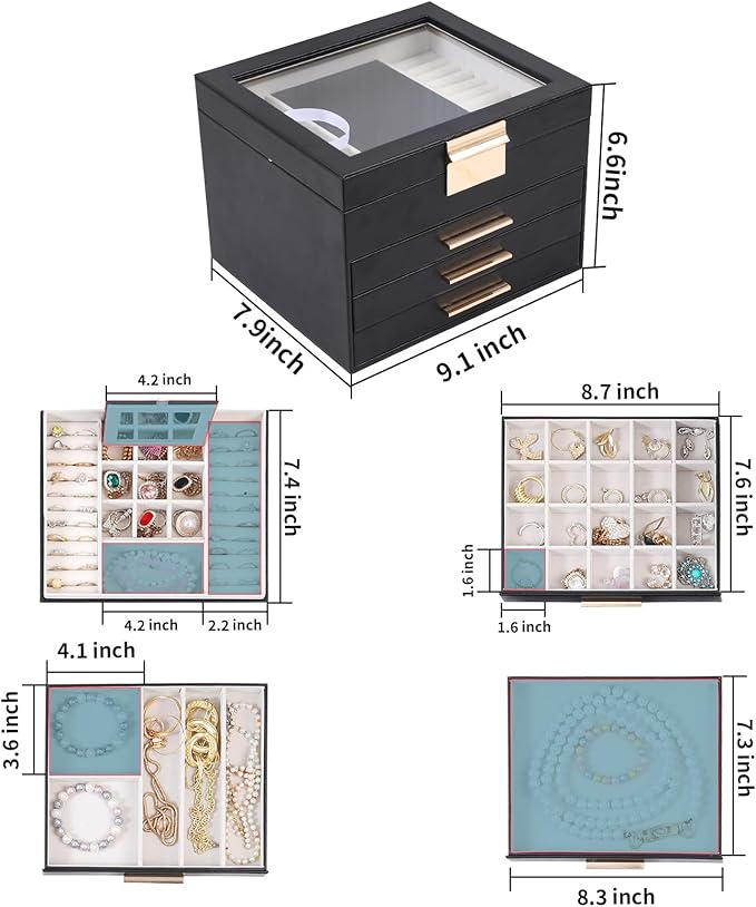 BOOVO Clear Lid Jewelry Box,3 Layers Jewelry Organizer Large Jewelry Storage Box with 2 Drawers,Jewelry Holder Organzier of Rings Earrings Necklace Bracelets for Women (Black, 4 Layer) - Image 4