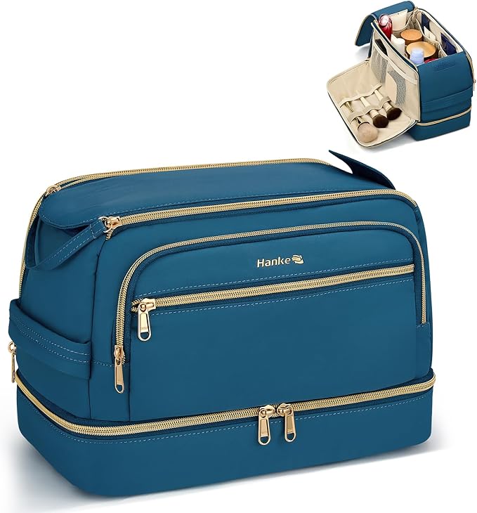 Hanke Travel Toiletry Bag, Lightweight Wide-open Makeup Bag, Dual-Layer Travel Bag for Toiletries Water-Resistant Cosmetic Bags Large Toiletry Bags for Women & Men, Travel Essentials, Navy Blue by Hanke