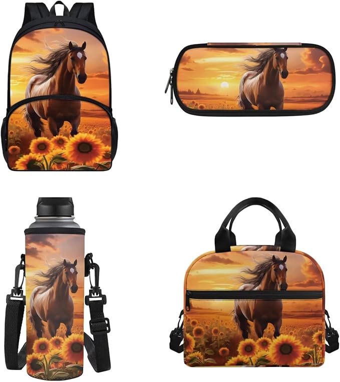 POLERO Sunflower Horse Backpack for Girls School Bookbag Set with Lunch Box Pencil Case Water Bottle Cover Bag Casual Daypack - Image 2