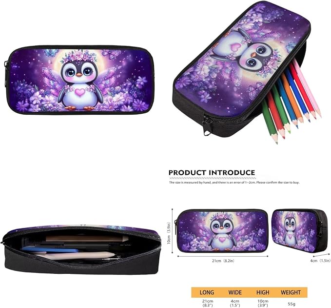 Cute Penguin Elementary School Backpack for Girls, Purple Girls Bookbag with Lunch Box, 4 Piece 17" Kids Bookbag Set with Lunch Box, Pencil Pouch & Leak-Proof Water Bottle Sleeve - Image 7